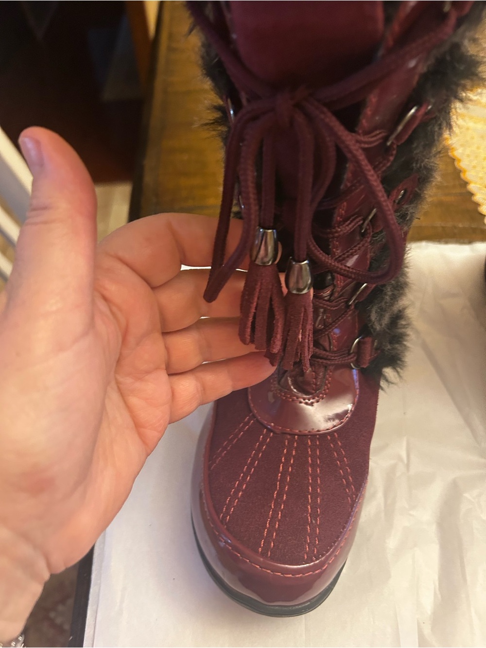 Sporto Women's Burgundy Lace-Up Faux Fur Winter Boots - Picture 7 of 9